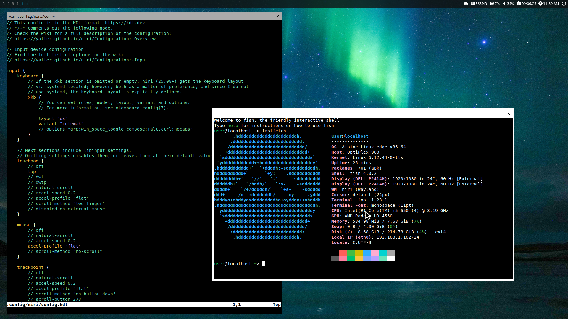 A screenshot of the Niri Wayland compositor. On the left is the vim editor in a terminal, with the Niri configuration open. In the middle is a floating terminal (which currently has focus) with fastfetch run in it, showing an ASCII version of the Alpine logo and some information about the system.