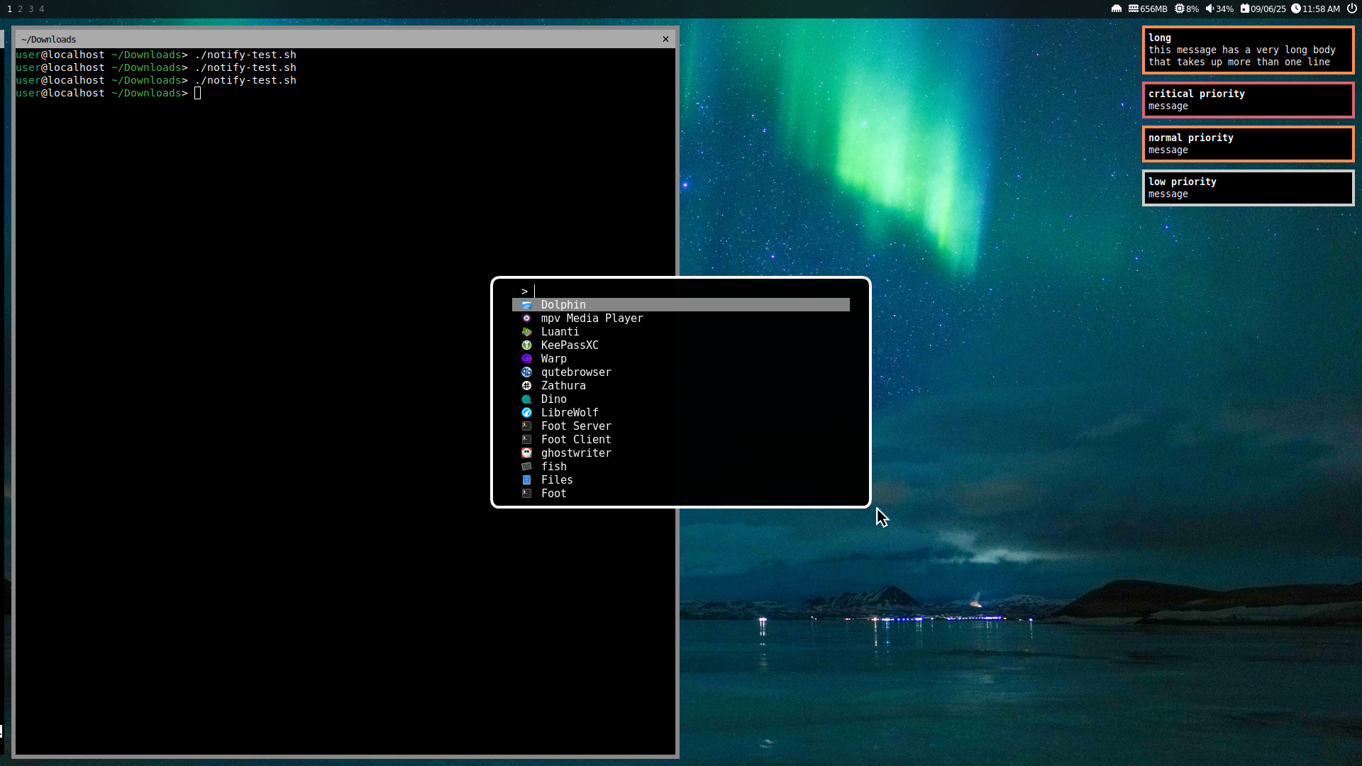 A screenshot of the Niri Wayland compositor. On the left is a terminal (with background focus), having run a test notification script, creating notifications of various priorities, shown in the top right corner. In the middle is fuzzel in the default app picker mode, showing available applications to launch.