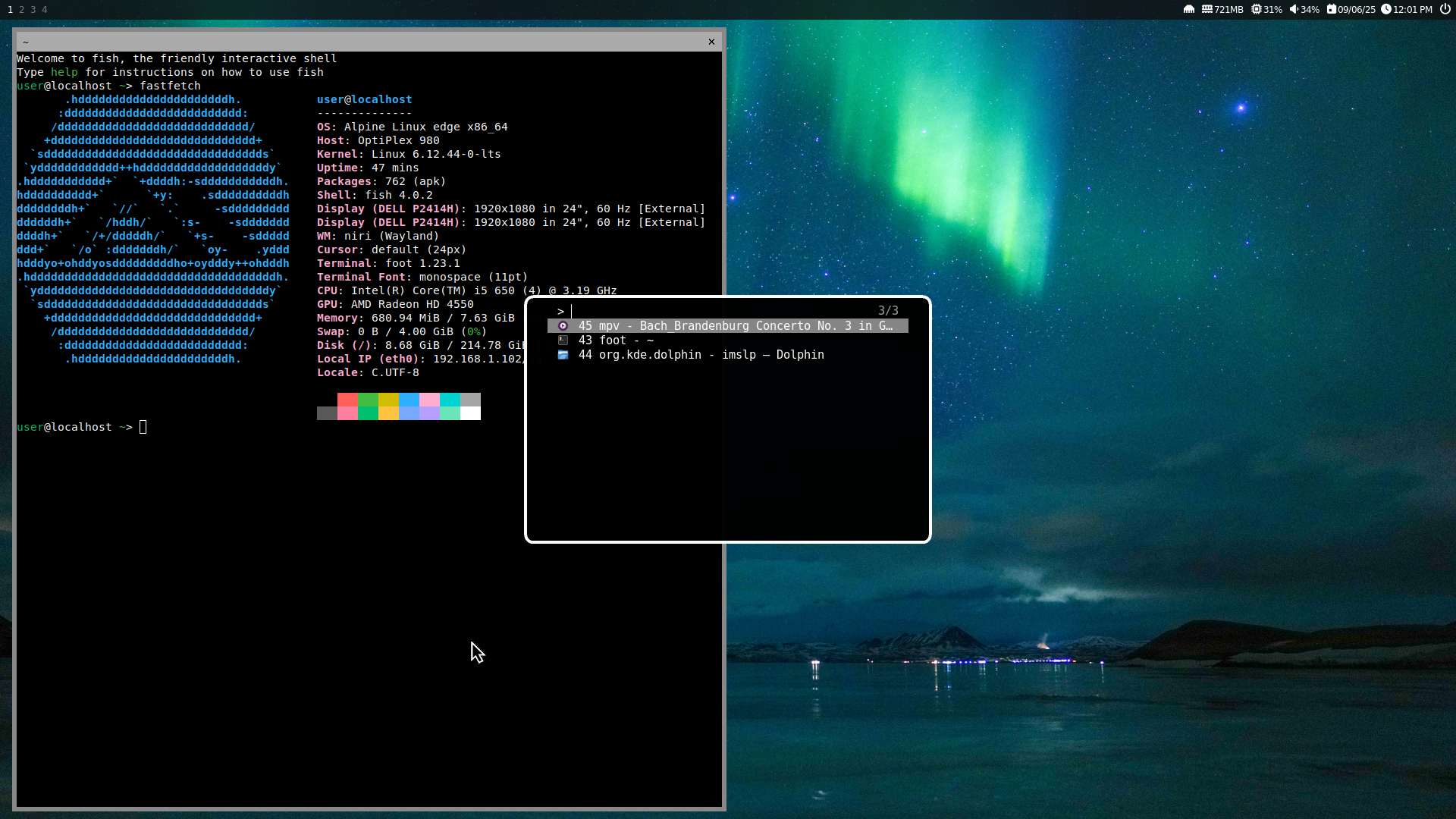 A screenshot of the Niri Wayland compositor. On the left is a terminal (with background focus) with fastfetch run in it, showing an ASCII version of the Alpine logo and some information about the system. In the middle is fuzzel in dmenu mode, showing three (3) currently available windows to switch to, created using a script.