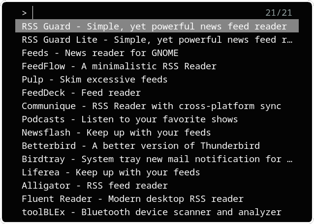 A screenshot of a work-in-progress application. This uses a menu program called "fuzzel" to display a list of 21 search results from Flathub for the query "rss" (not depicted).