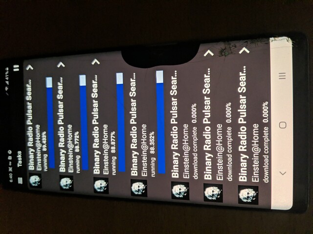 The Samsung Galaxy Note 9 running BOINC, showing running tasks, all for the Einsten@Home project.