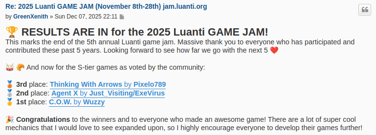 A screenshot of the below forum post, showing the results of the Luanti Game Jam 2025.