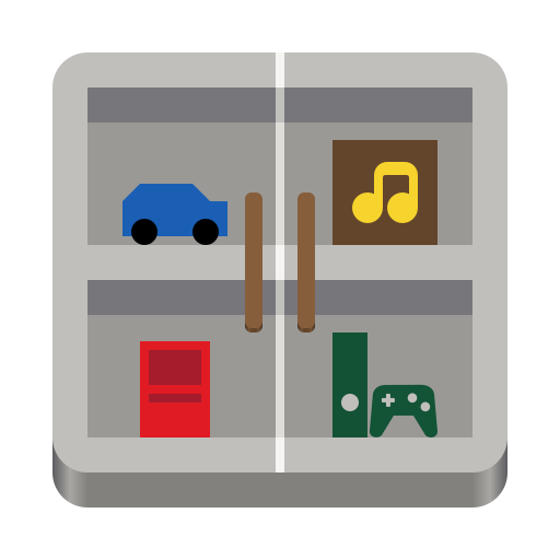 The app icon I made for Collections. It is a glass cabinet in the GNOME style. There is a shelf in the middle. The cabinet stores four items, all related to things people collect. In the top-left there is a blue car. In the top-right there is a vinyl-looking brown square with a yellow music note on the cover. In the bottom-left there is a red book. In the bottom-right there is a green video game console and a controller.